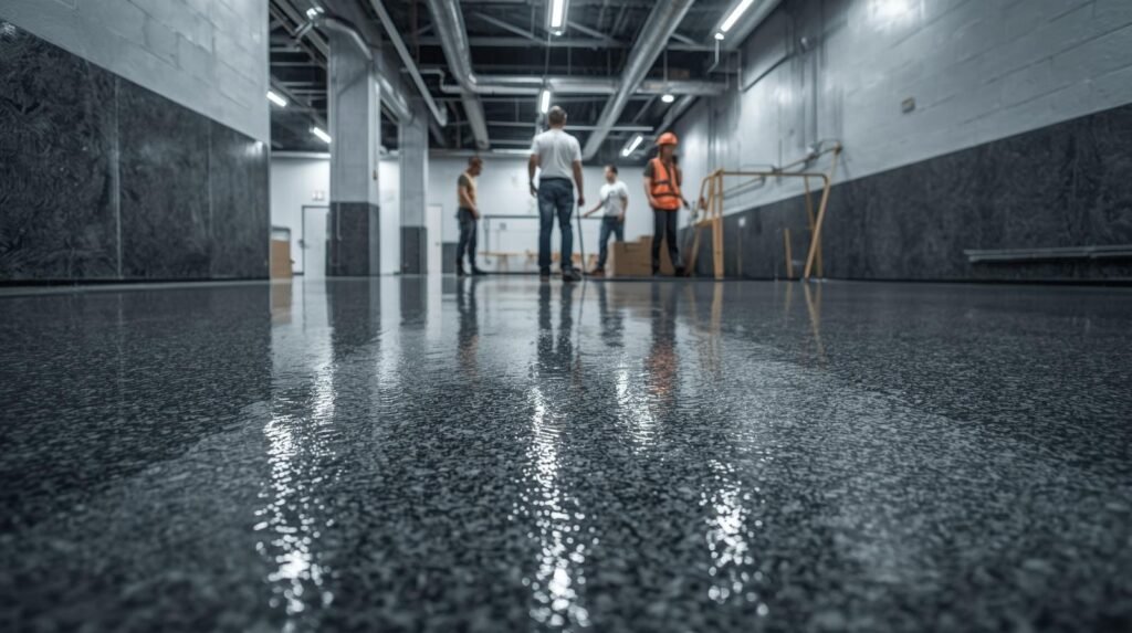 Wide angle view of a freshly installed metallic epoxy floor in a modern commercial space by West Virginia Epoxy Pros in Colorado Springs CO